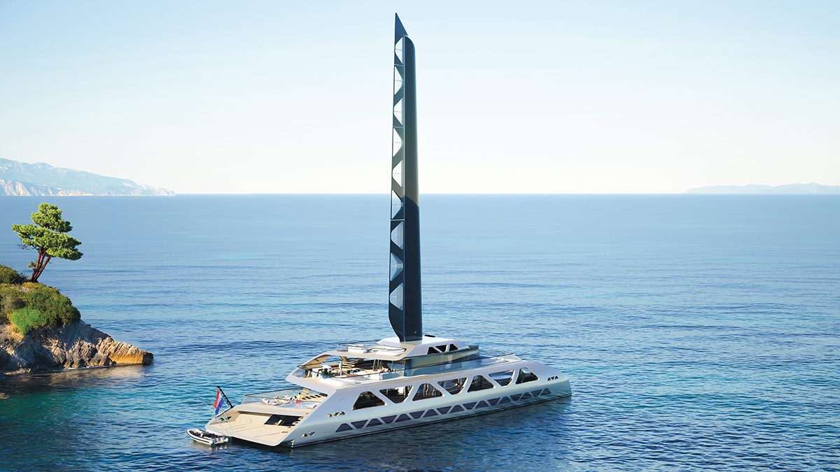 Royal Huisman’s 164-Foot Catamaran Concept Uses a Giant Sail to Cut Emissions